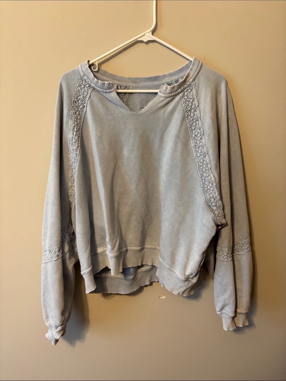 aerie Pale Blue Lace-Trim Pullover Sweatshirt